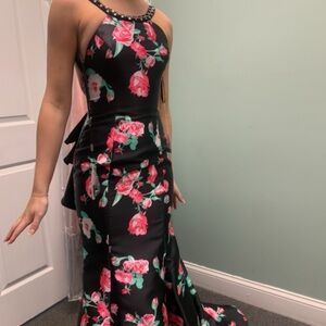 Clarisse Black and Pink Floral Prom Dress